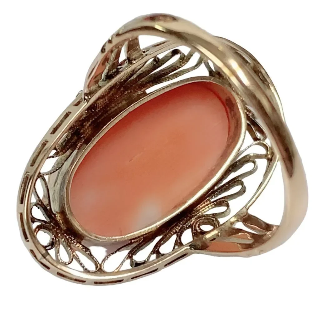 Antique Victorian Carved Cameo Ring 10k Yellow Gold Filigree Oval Sz 7.5 Vintage